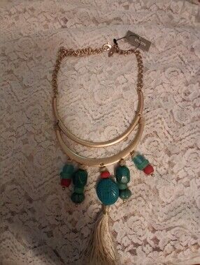 Chico's Boho Gold-Tone Statement Necklace Teal, Coral Beads And Cream Tassel NWT